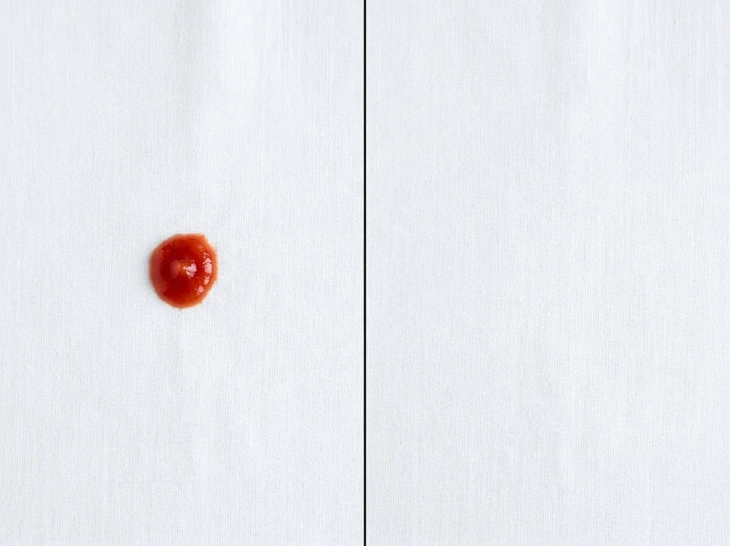 白い布についたケチャップ汚れのシミ抜き前と後の比較