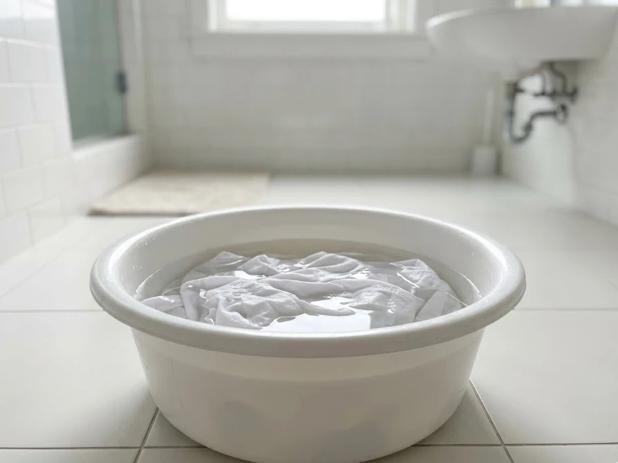 自宅の洗面器で頑固なシミをつけ置き洗いする様子