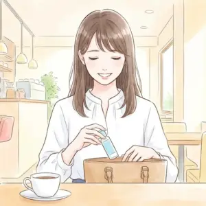 外出先のカフェで服を汚してしまい、バッグからダイソーの携帯用染み抜きを取り出して安心している女性