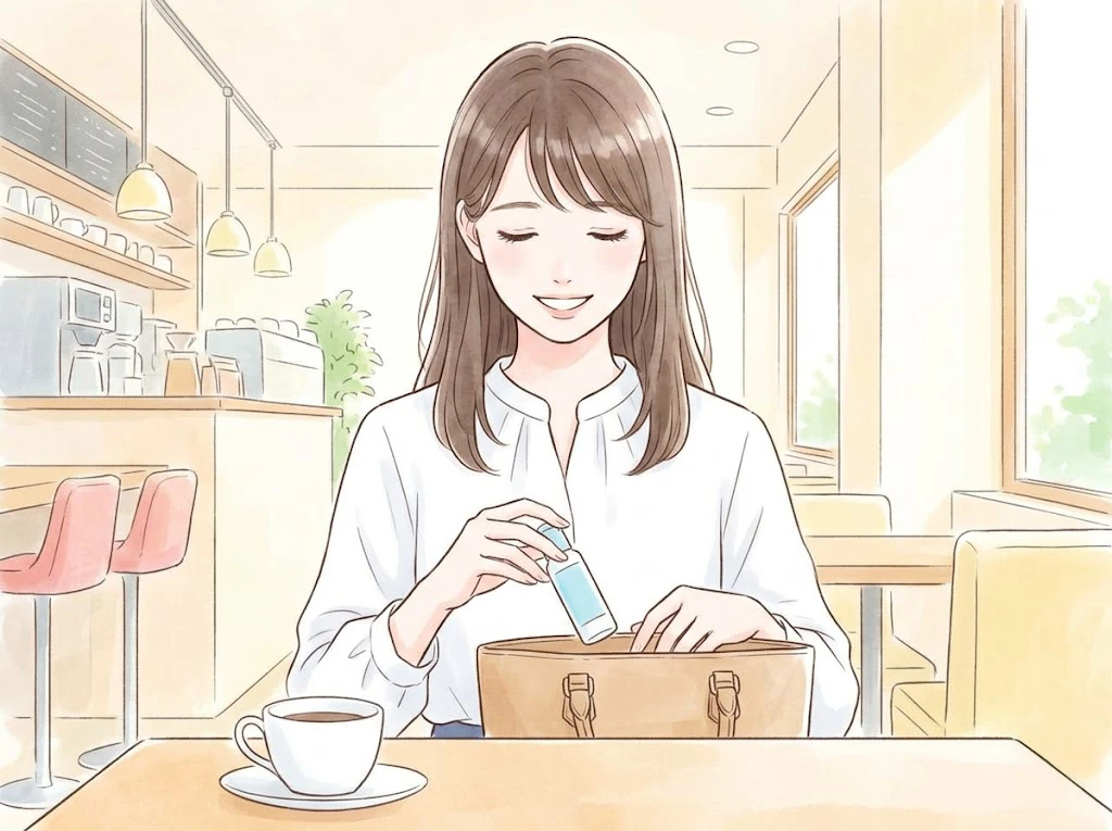 外出先のカフェで服を汚してしまい、バッグからダイソーの携帯用染み抜きを取り出して安心している女性