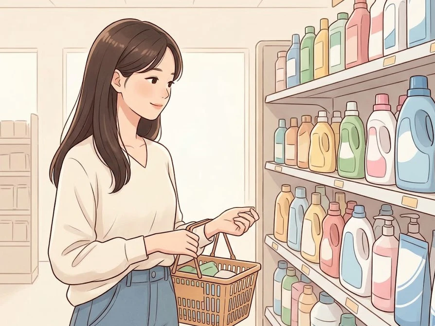 ダイソーの広い店内で、洗濯用品や日用品が並ぶ売り場の棚を見ながら染み抜きアイテムを探している女性