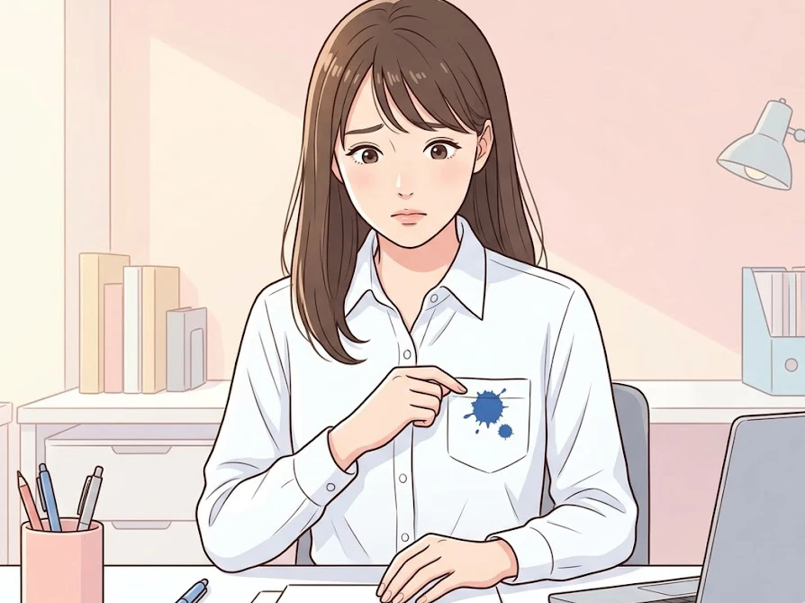 仕事中にワイシャツの胸ポケットにボールペンのインク汚れがついてしまい、落とし方に悩んでいる女性