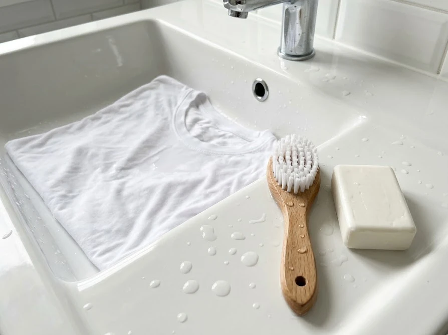 洗面台にて、時間が経った頑固な汚れを落とすために100均の専用洗濯ブラシと固形石鹸を併用する様子