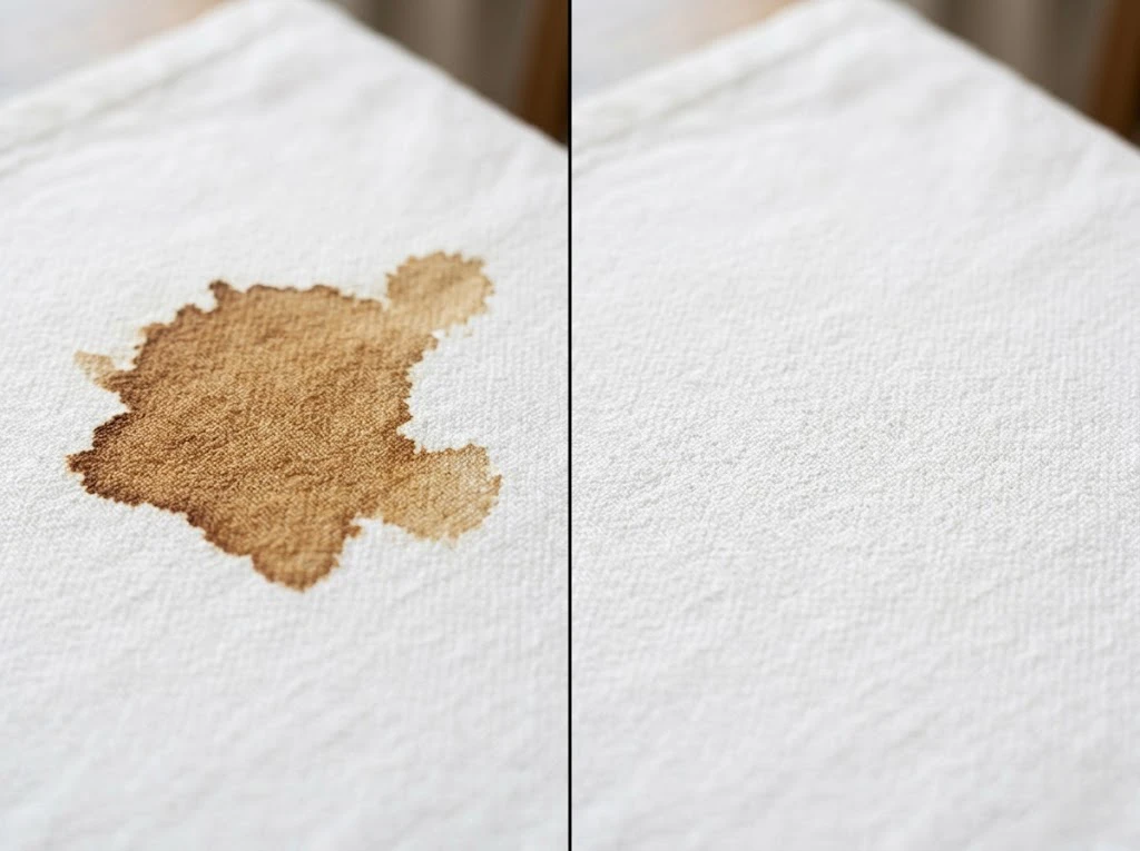 白い布地にこぼれてしまったコーヒーのシミと、正しい応急処置によって綺麗に汚れが落ちた状態の比較