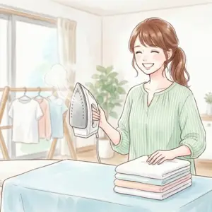 部屋干しの嫌な生乾き臭の悩みをアイロンがけで解決して笑顔になる女性