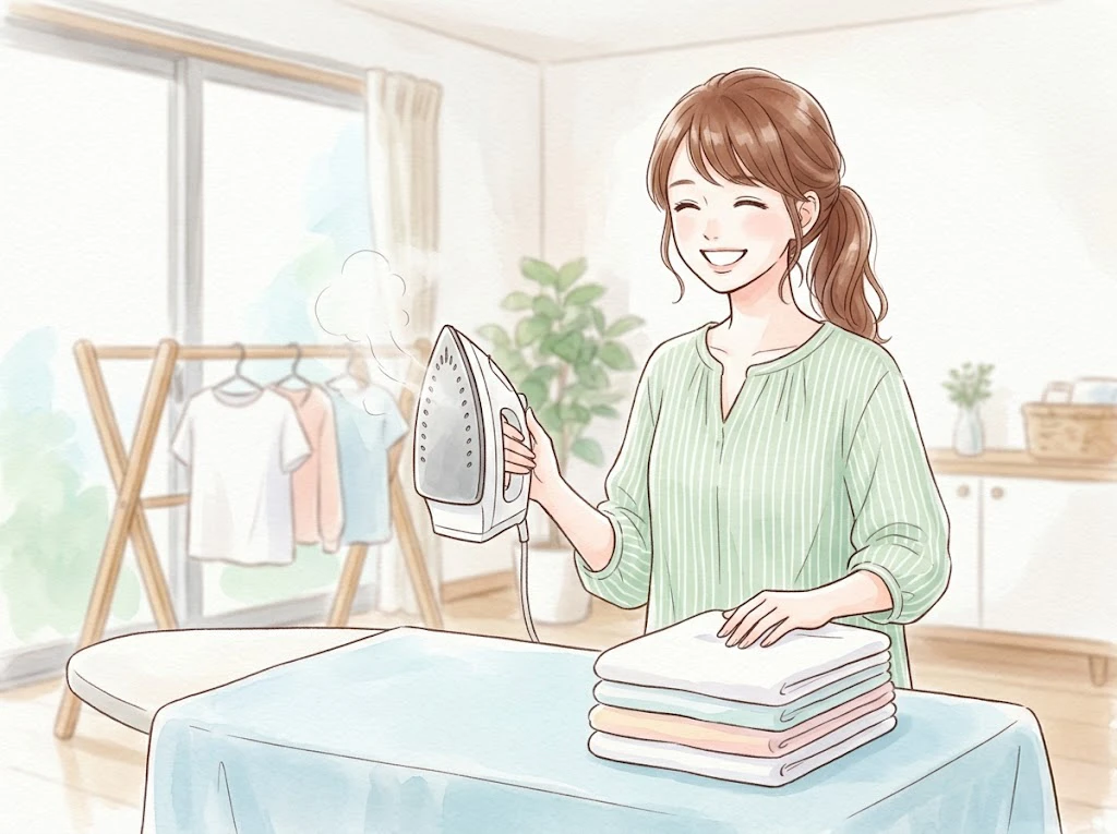 部屋干しの嫌な生乾き臭の悩みをアイロンがけで解決して笑顔になる女性