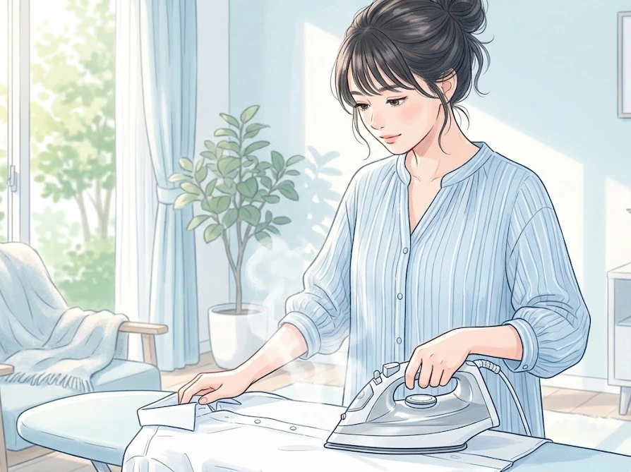 高温のアイロンの熱を利用して衣類の生乾き臭を消す作業をする様子