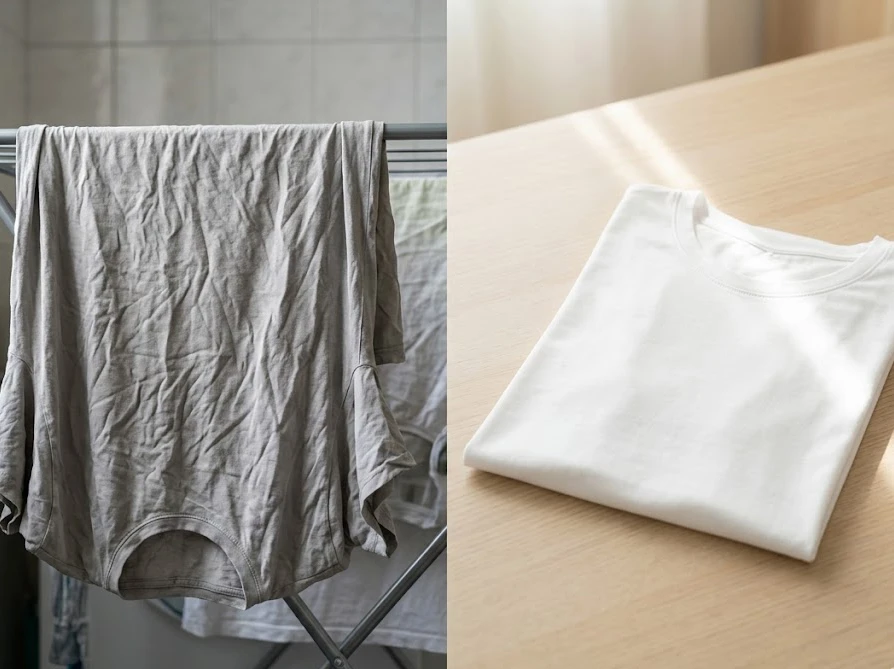 アイロンをかける前と後のシワと生乾き臭が消えた衣類の仕上がりの比較