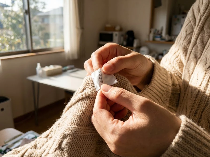 アイロンがけの前に衣類の洗濯表示タグを見て最適な温度設定を確認する様子