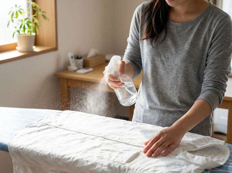 乾いた服の生乾き臭を消すために霧吹きで繊維の奥まで水分を与える様子