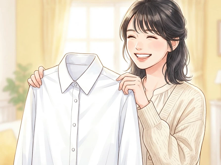 正しいアイロンがけで生乾き臭が完全に消えて清潔な服を抱きしめ喜ぶ女性