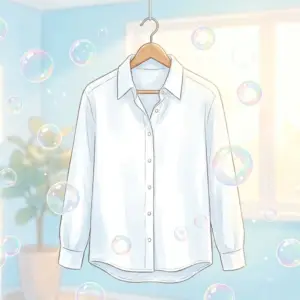 爽やかな白いシャツとシャボン玉が舞う、優しく明るい雰囲気のイラスト