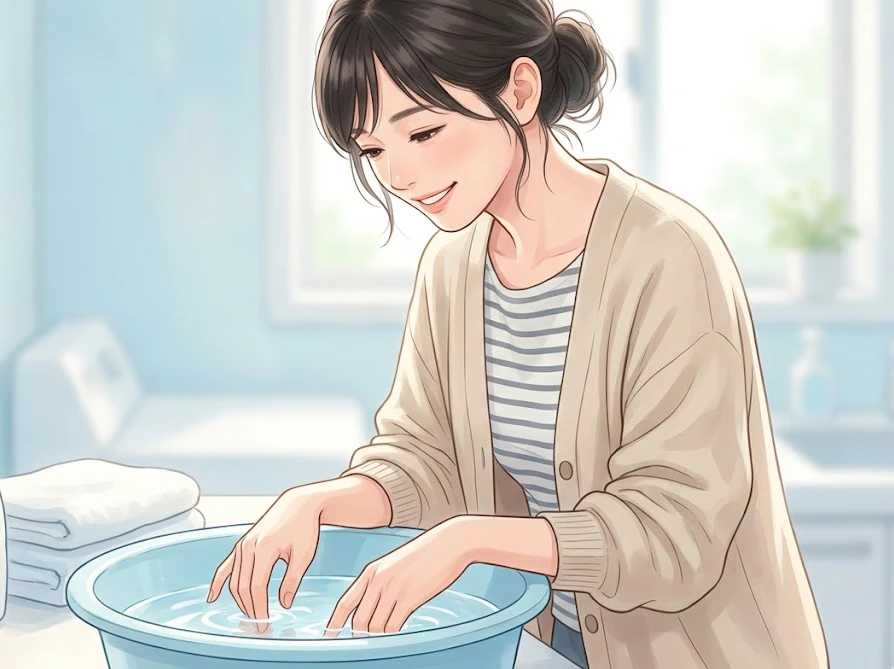 ぬるま湯が入った桶を前に、水温を確認する笑顔の日本人女性のイラスト