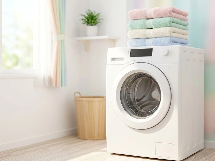 明るい部屋に置かれた清潔なドラム式洗濯機の高品質なイラスト