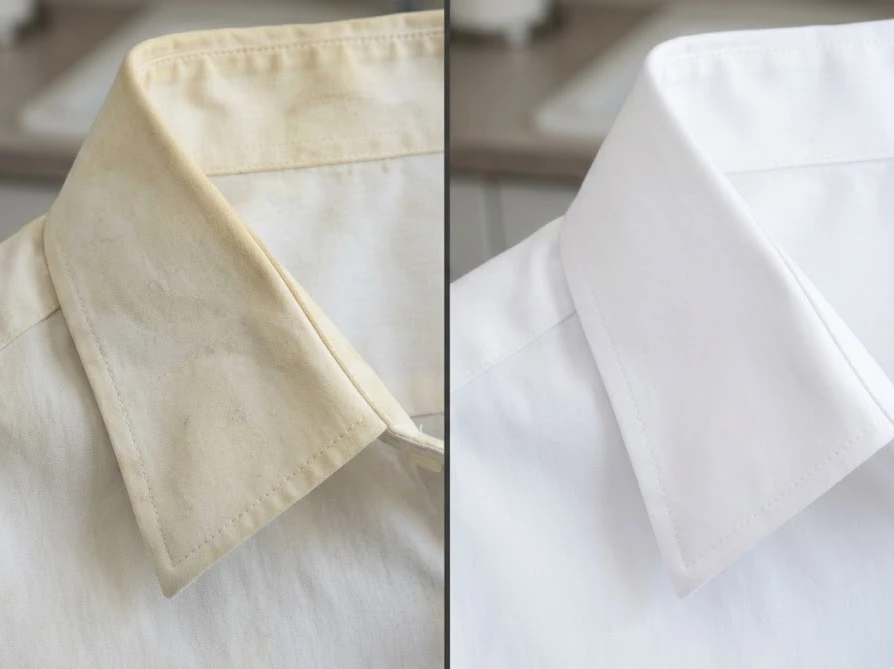 シャツの汚れた襟が真っ白に綺麗になったBefore/Afterの比較写真