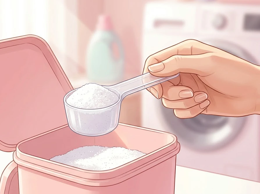 洗濯洗剤を計量スプーンですくい、適量を確認している手元のイラスト