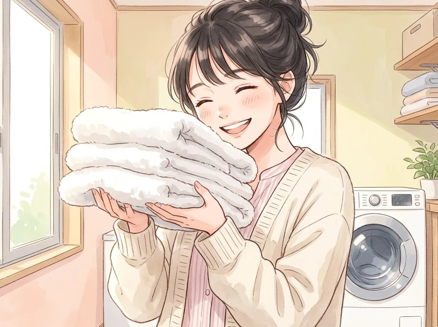 綺麗に洗えたタオルを手に取り、満足そうな表情の日本人女性のイラスト