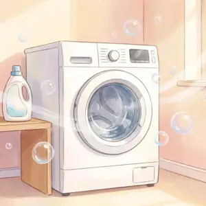 泡立ちと清潔な洗濯機が描かれた、柔らかい雰囲気の洗濯ノートのメインビジュアル