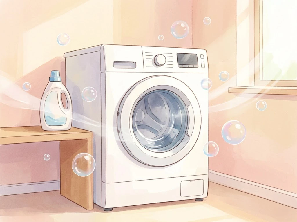 泡立ちと清潔な洗濯機が描かれた、柔らかい雰囲気の洗濯ノートのメインビジュアル
