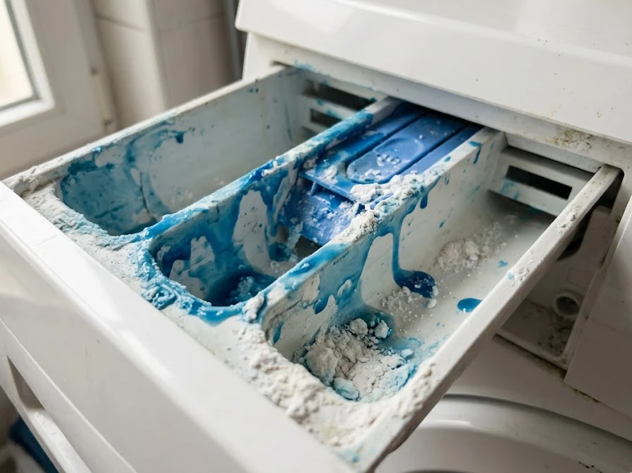 ドラム式洗濯機の洗剤投入口付近に、汚れやカスが蓄積しやすい箇所を接写したもの