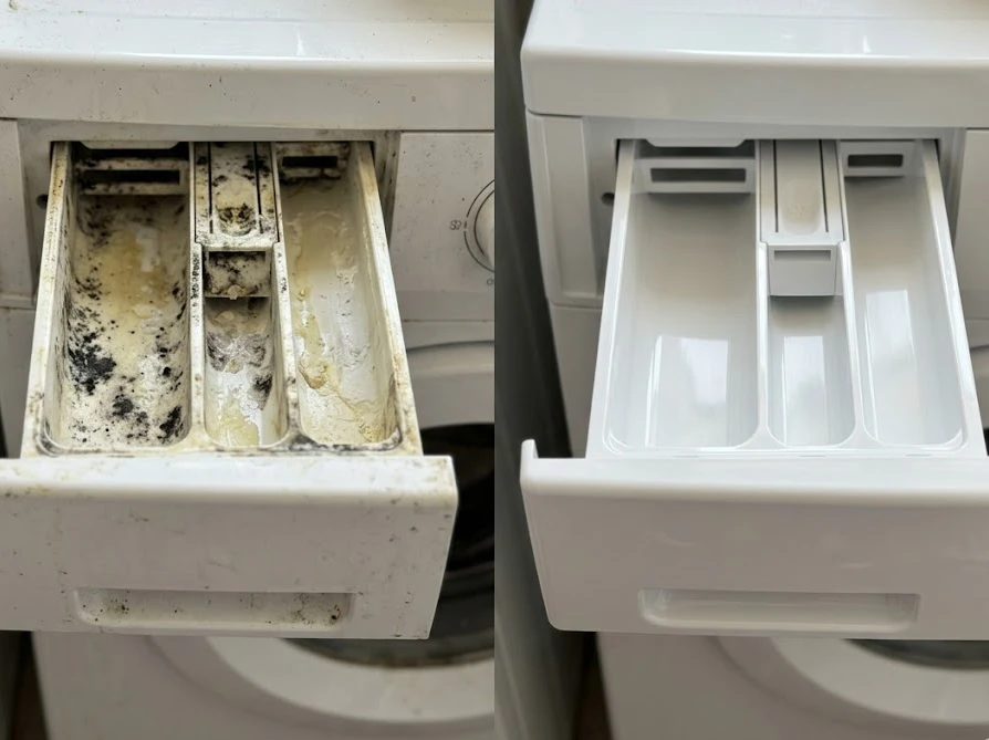 洗剤投入口に溜まったカビや汚れが、掃除によって綺麗になった状態の比較