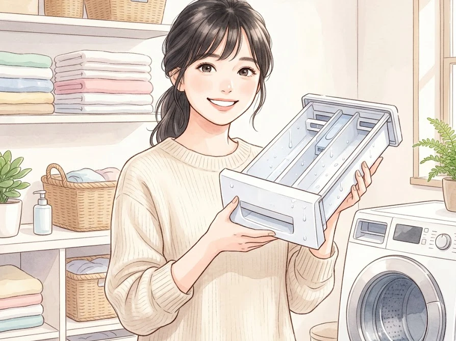 週末のルーティンとして、笑顔で洗剤投入口をメンテナンスする日本人女性