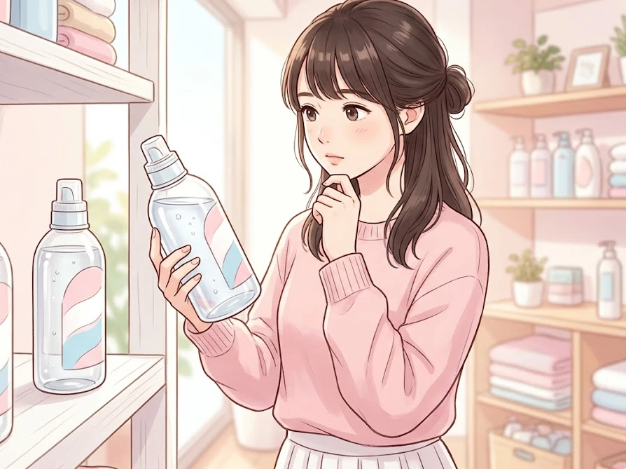 洗濯機が詰まりにくい、サラサラとした質感の液体洗剤を手に取る女性の様子