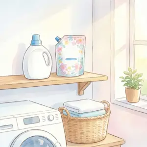 洗剤の詰め替えボトルを手に持ち、明るいランドリールームで微笑む女性