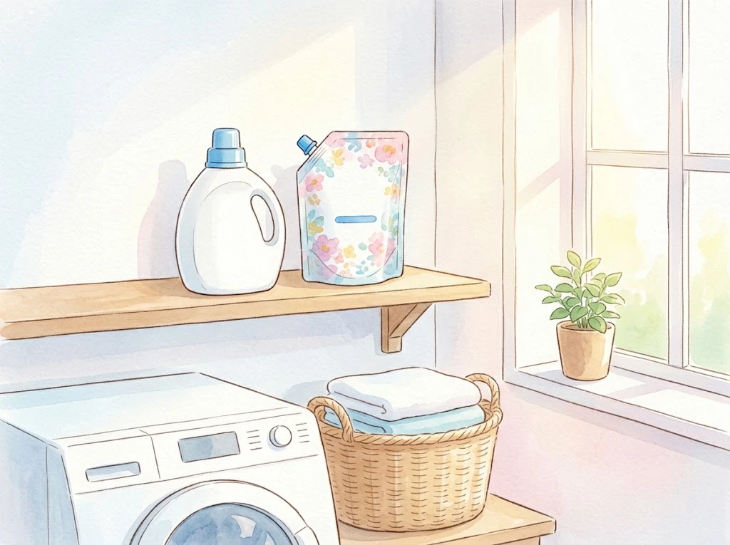 洗剤の詰め替えボトルを手に持ち、明るいランドリールームで微笑む女性