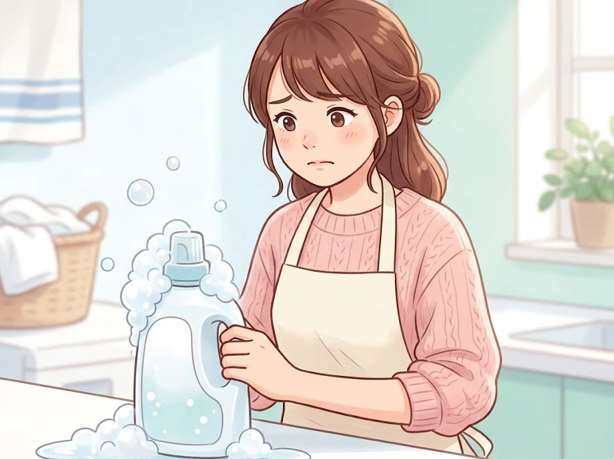 床にこぼれた洗剤の前で、冷静に対処しようとしている女性