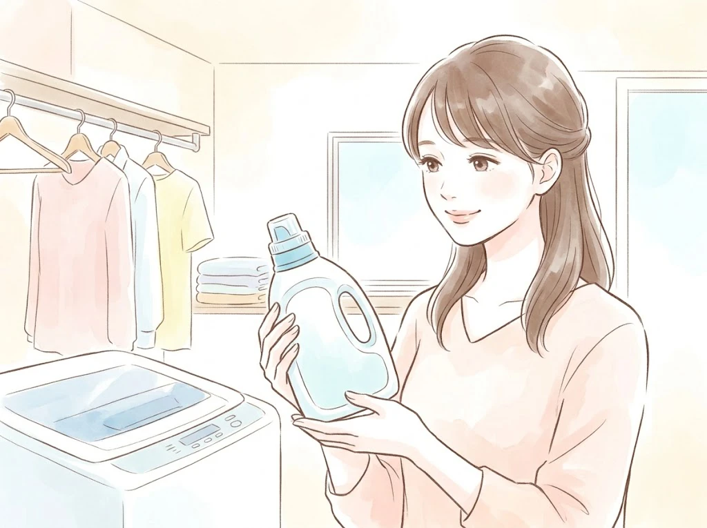 洗剤の詰め替えボトルを手に持ち、明るいランドリールームで微笑む女性