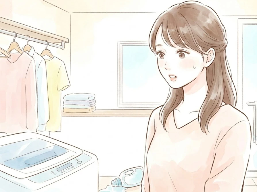 床にこぼれた洗剤の前で、冷静に対処しようとしている女性