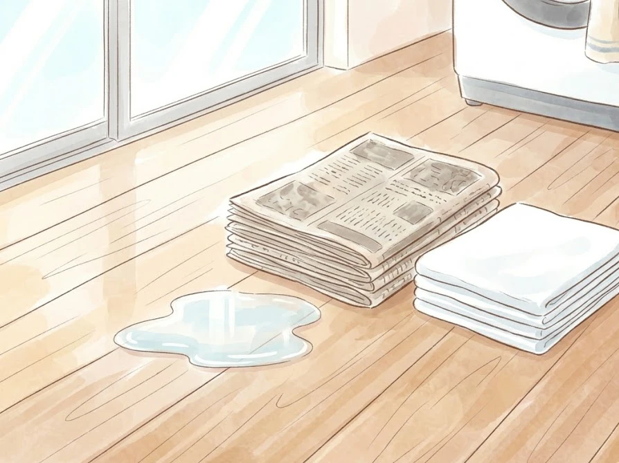 フローリングにこぼれた洗剤を吸い取るために用意された新聞紙と乾いた布