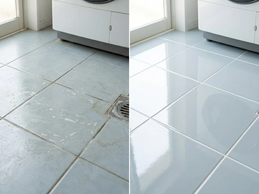 拭き取った洗剤を活用して掃除した、お風呂場の床のビフォーアフター
