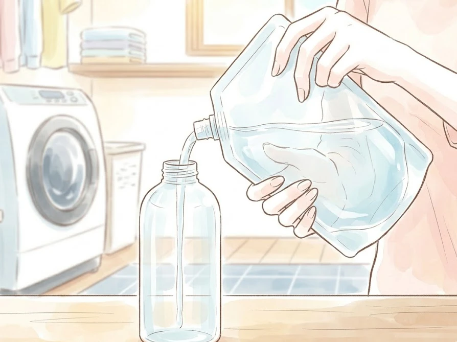 底をしっかり支えながら、詰め替えパックから透明ボトルへ洗剤を注ぐ様子