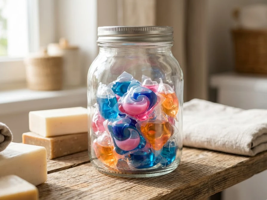 詰め替えの手間と失敗を省ける、ガラス瓶に収納されたボール型洗剤