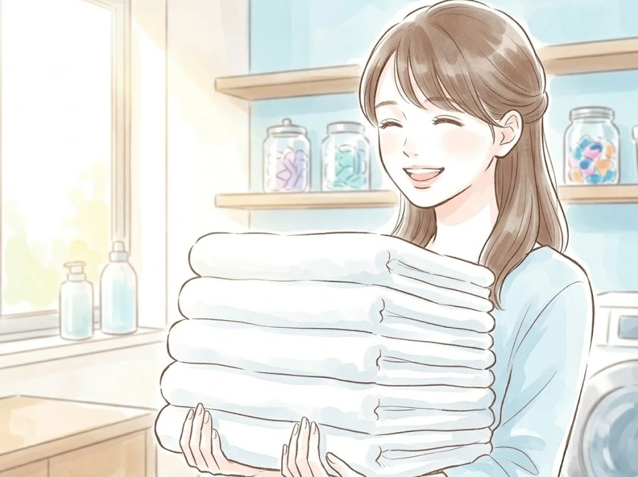 洗剤の入れすぎトラブルを解決し、綺麗に畳まれたタオルを抱えて喜ぶ女性