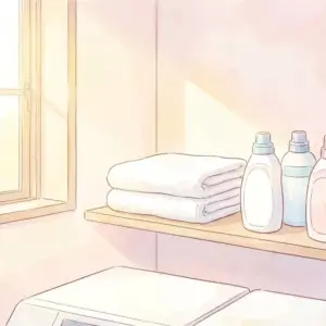 太陽の光が差し込む清潔で明るい洗面台と、整頓された洗剤ボトルの風景