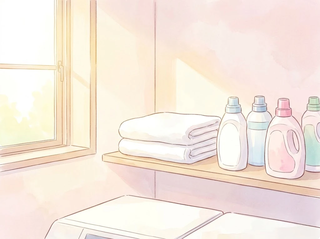 太陽の光が差し込む清潔で明るい洗面台と、整頓された洗剤ボトルの風景