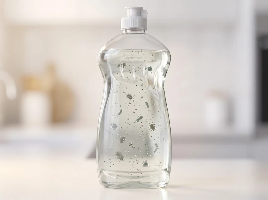 洗剤を水で薄めたボトルの中で、無数の雑菌が繁殖して濁っている状態