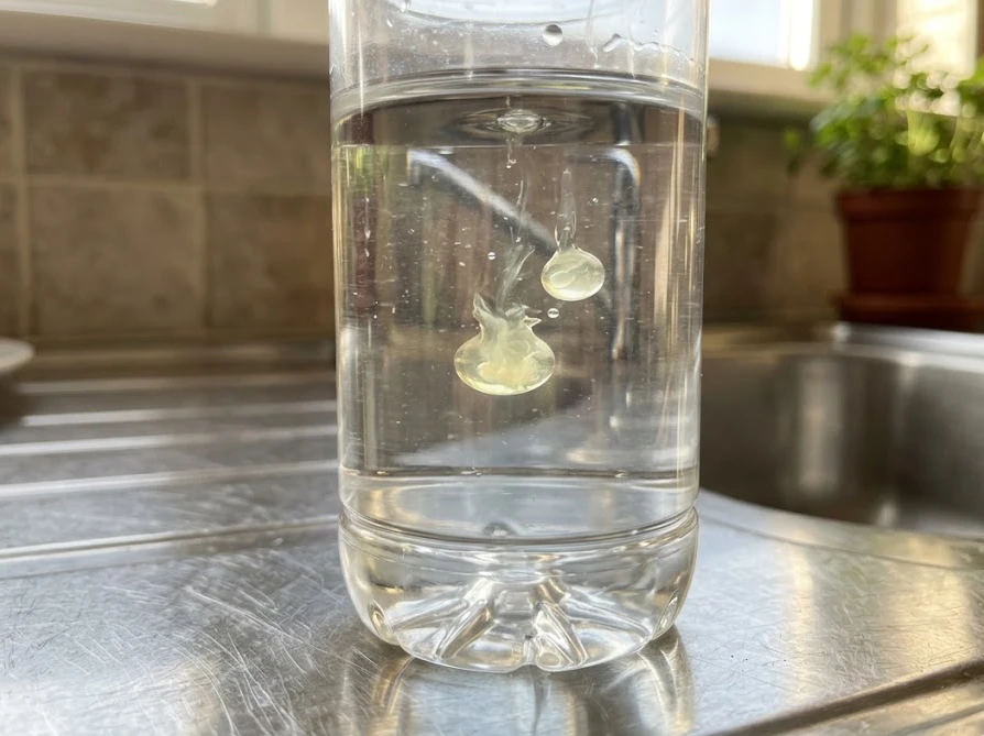 キッチンのシンクに置かれた透明なボトルに、水道水と洗剤を混ぜて入れた状態