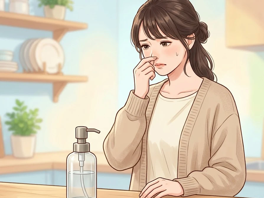 水で薄めて腐敗した洗剤から発生する嫌な臭いに気づき、鼻を押さえて困っている女性