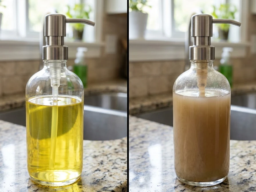 綺麗な食器用洗剤が入ったポンプと、雑菌が繁殖して白く濁ってしまった液体の比較