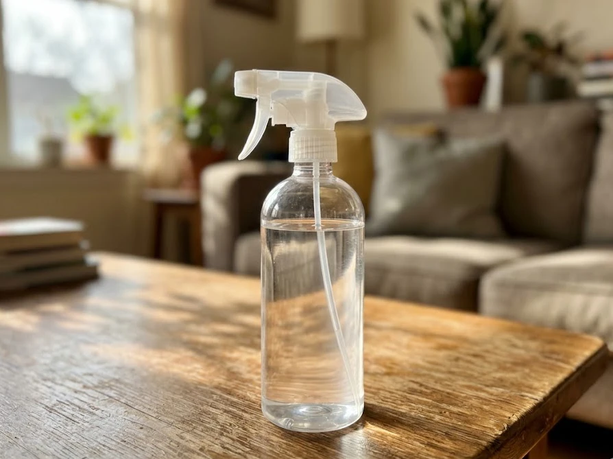 掃除用のスプレーボトルが、日差しの入るリビングの木製テーブルに置かれている様子