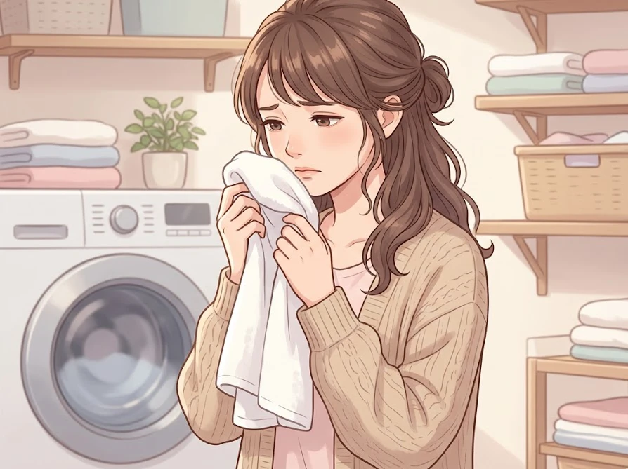 水で薄めた洗濯洗剤を使ったことで発生した、衣類の生乾き臭に悩んでいる女性