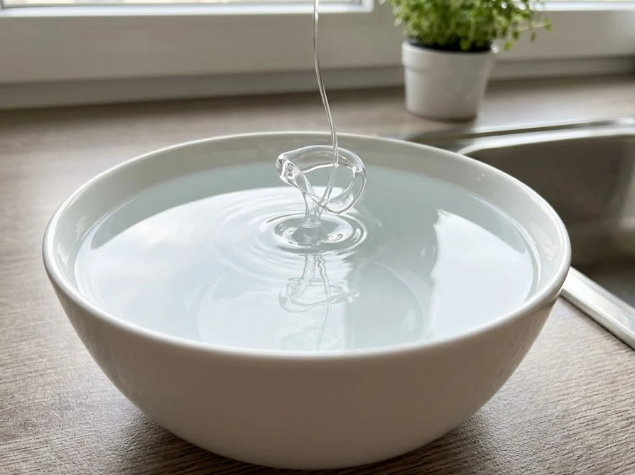 洗い桶に張ったたっぷりの水に、直前で少量の洗剤を溶かして正しい薄め液を作る様子