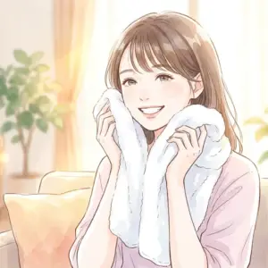 洗濯したてのタオルから香る柔軟剤のいい匂いに包まれて微笑む女性