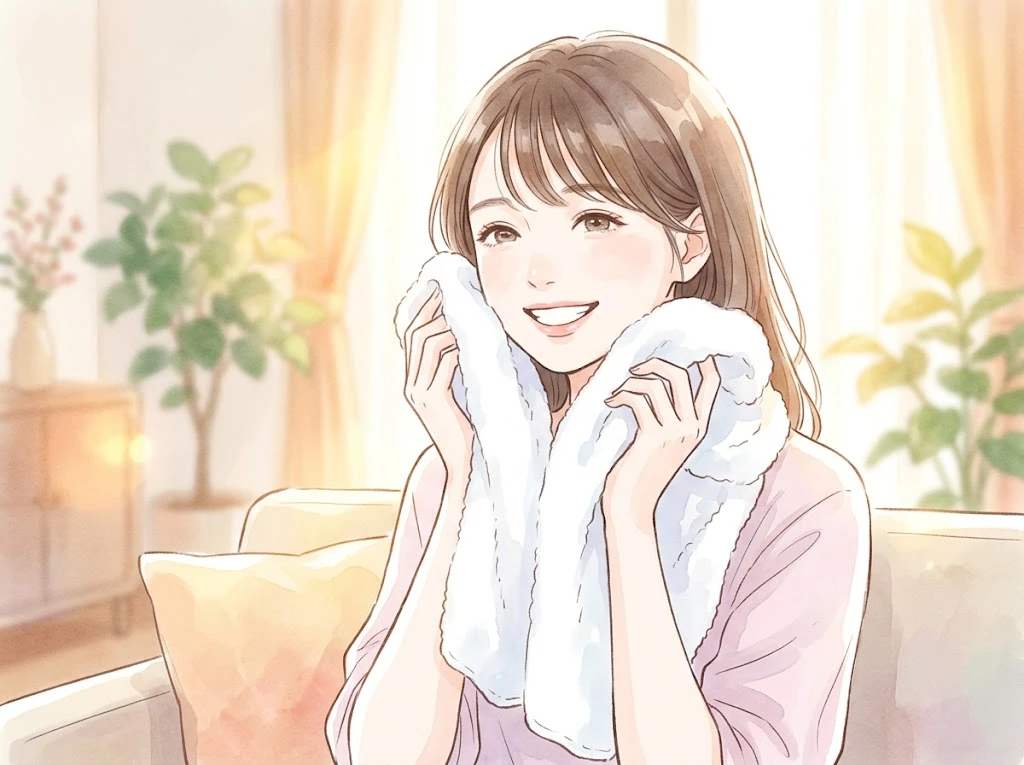 洗濯したてのタオルから香る柔軟剤のいい匂いに包まれて微笑む女性