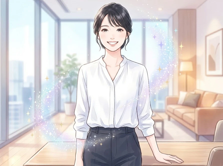 柔軟剤の清潔感のあるいい匂いが一日中持続してオフィスで快適に過ごす女性