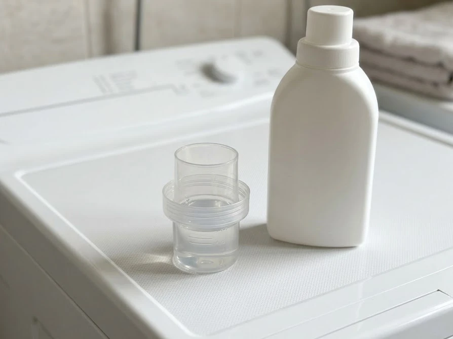 香害を防ぐために柔軟剤の適切な使用量を計量キャップで正確に量る様子